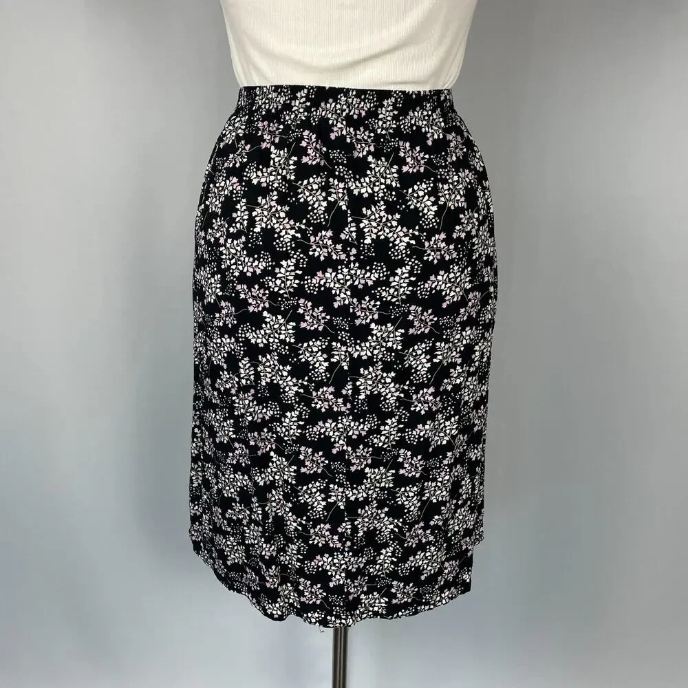 Knee Length Skirt Size Large Petite PL Black White Ditsy Floral A Line Y2K 90s